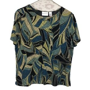 Vtg Alfred Dunner women's blouse medium green blue groovy leafy all over print